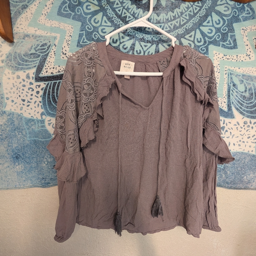 Knox Rose Lavender gray Ruffle Lace Blouse S Tassel Festival Cottagecore Fairy